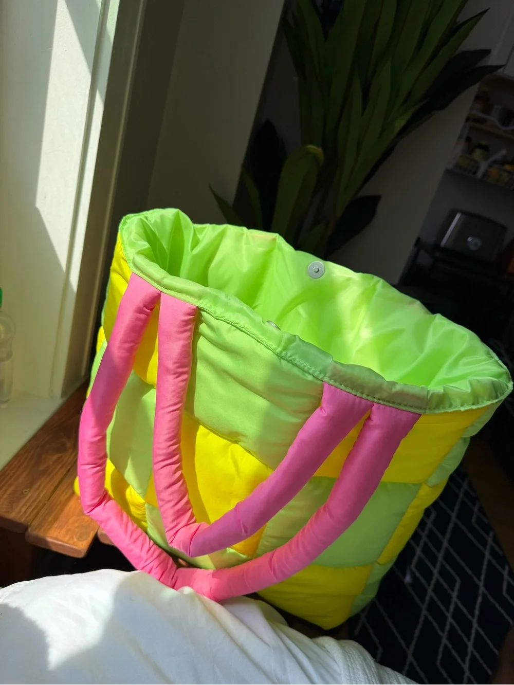 Fruit Riot Green & Yellow Puffy Quilted Tote with Pink Handles